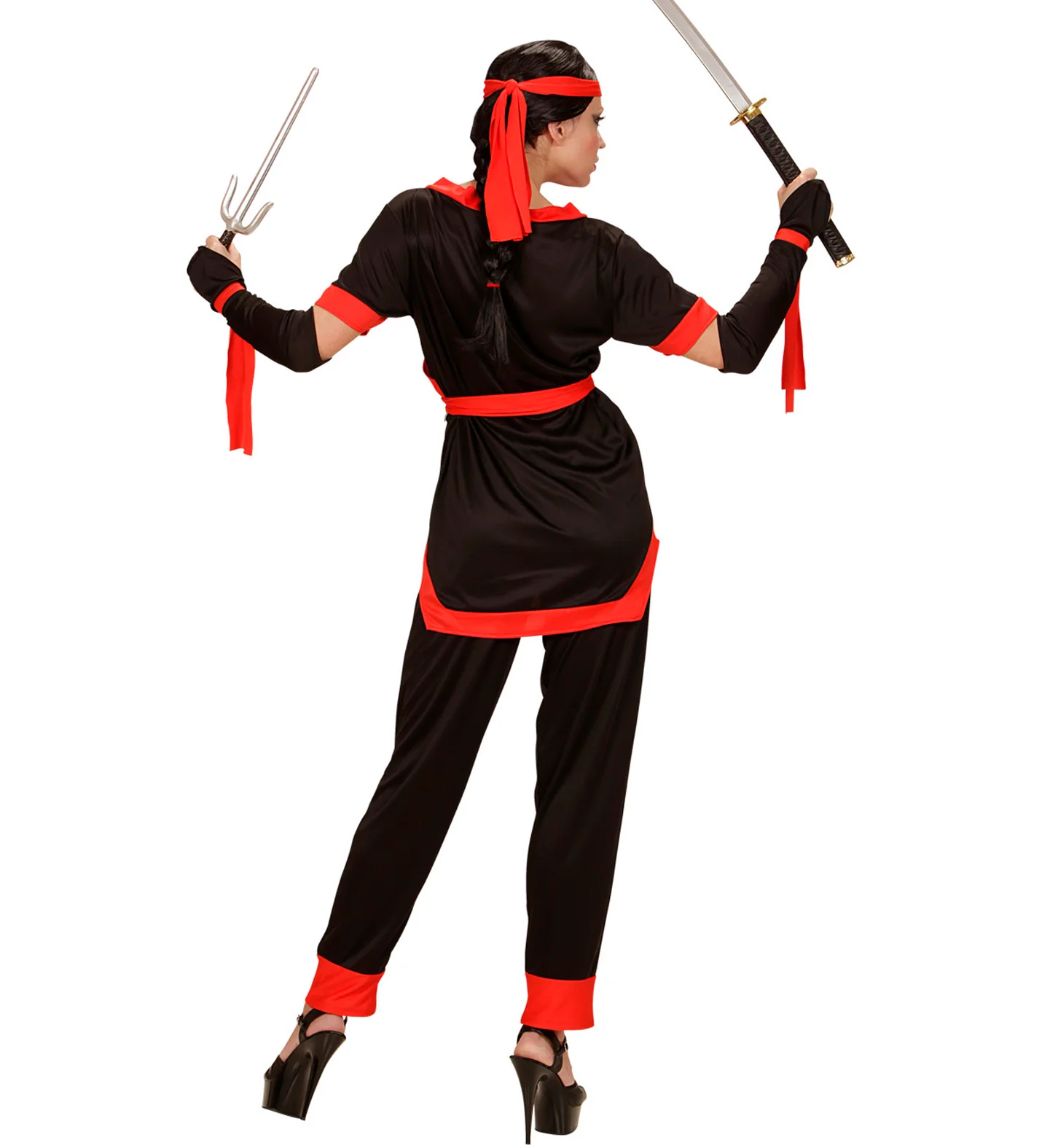 Ninja pak dames zwart met broek, jas, riem, armwarmers en hoofdband - Image 4