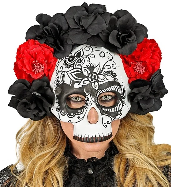 Schedelmasker dag van de doden met zwarte en rode rozen Noah - Image 2