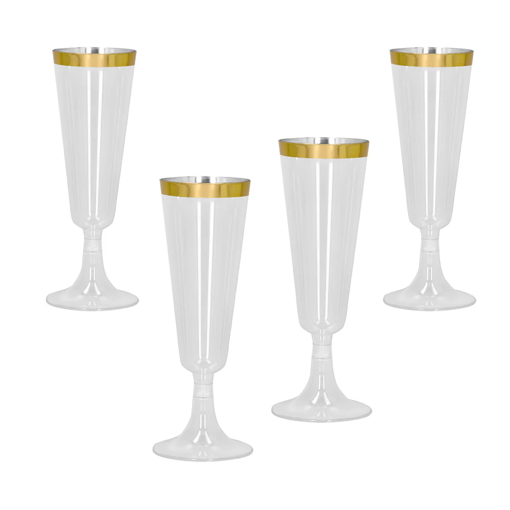 Set 4 sparkling plastic flutes goud bekers