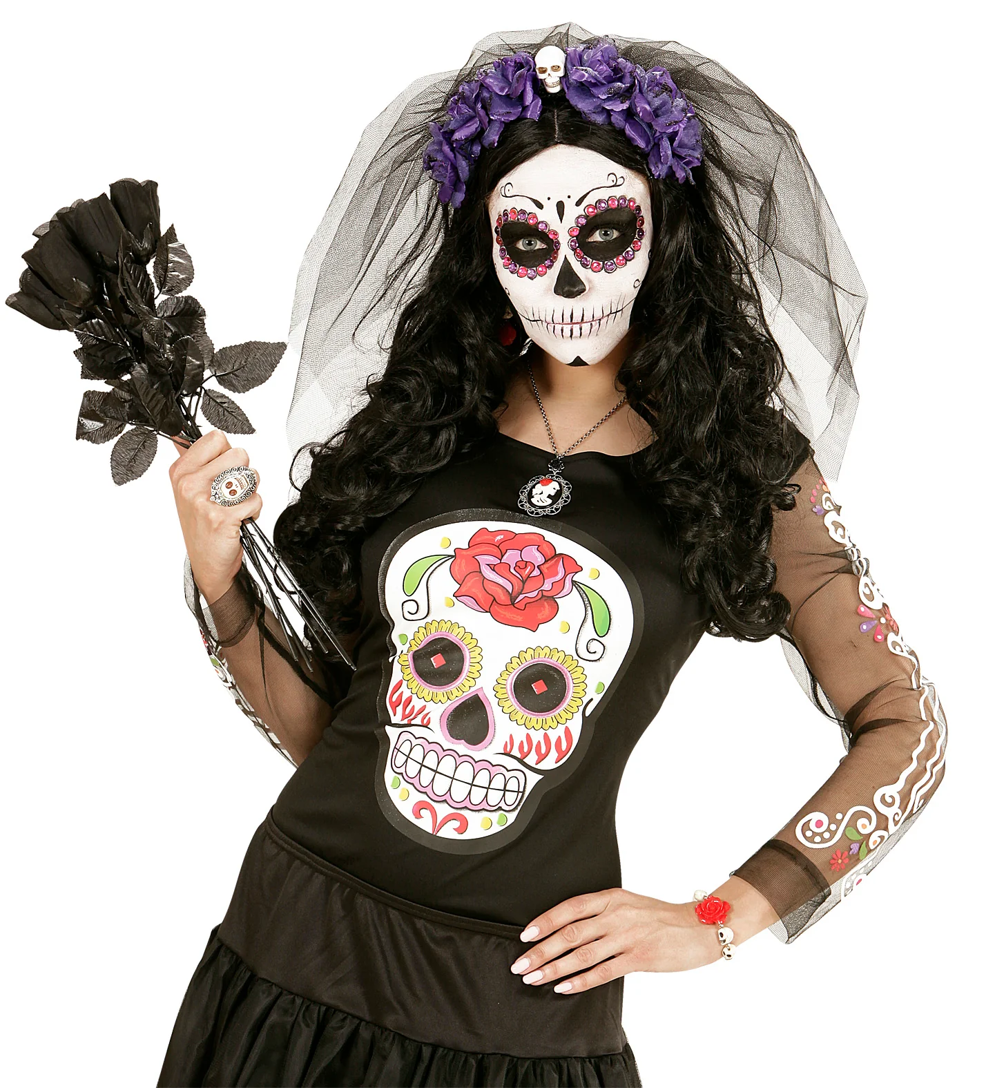 Sluier met paarse rozen voor Halloween - Image 3