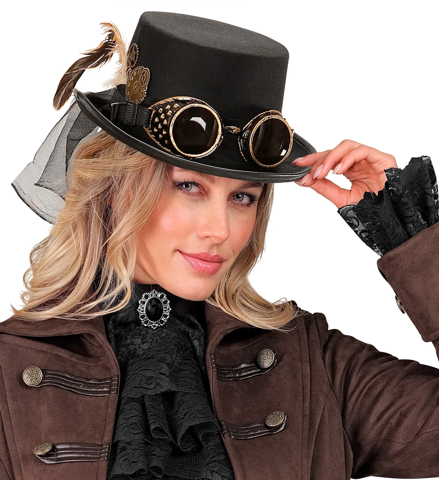 Steampunk hoge hoed zwart met stofbril - Image 5
