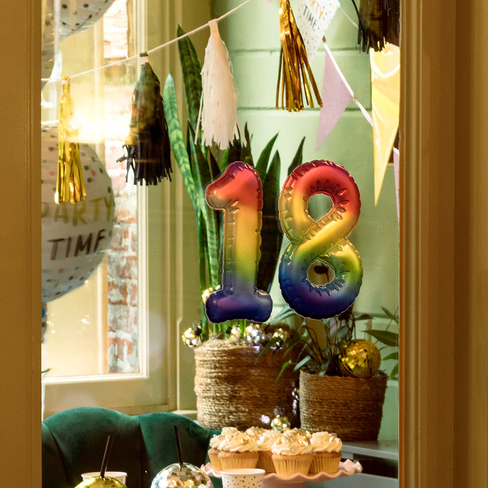 Sticker Folieballon '9' regenboog - Image 2