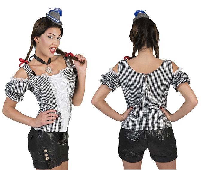 Tiroler blouse dames zwart wit geblokt - Image 2
