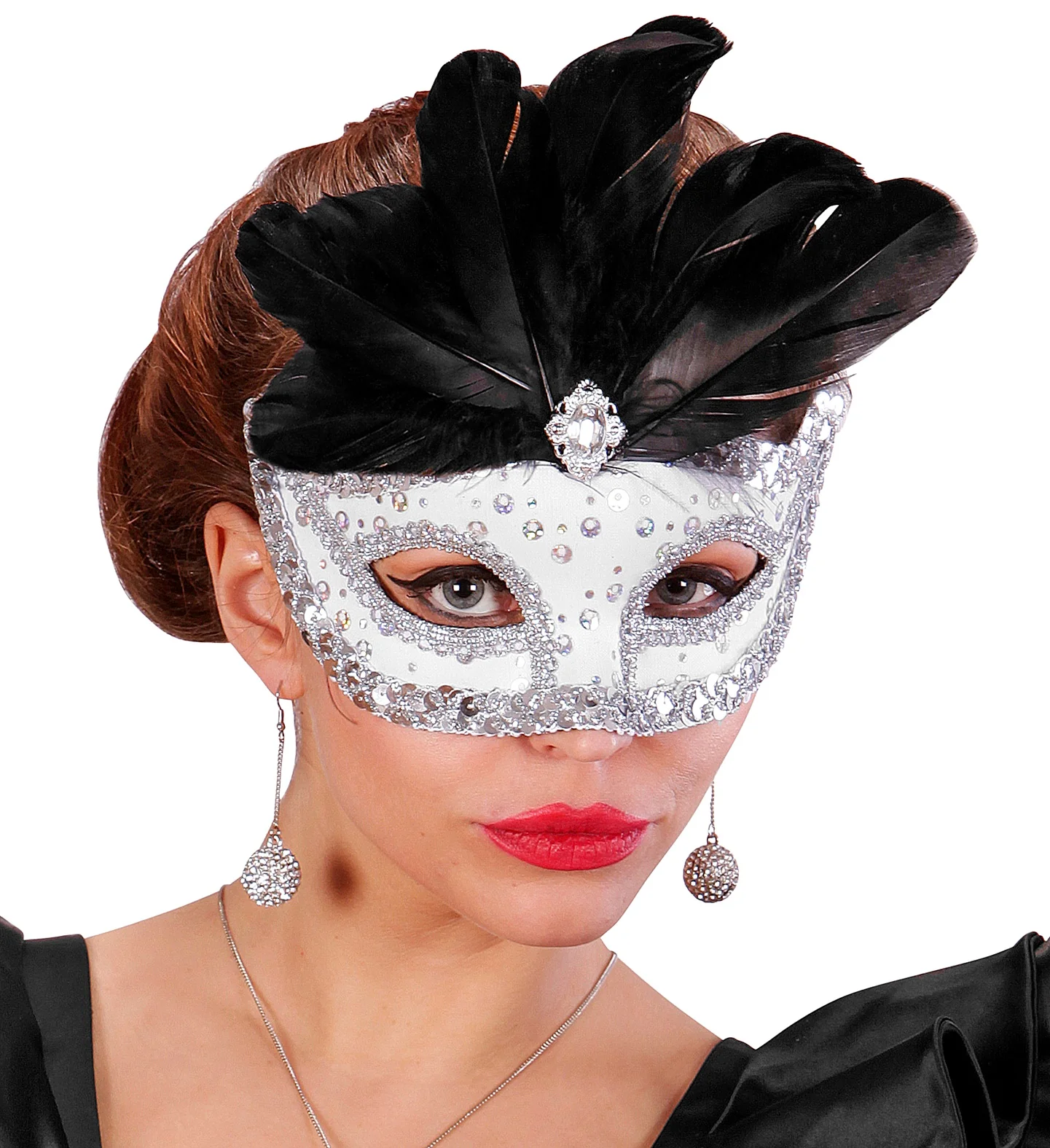 Zilveren oogmasker met zwarte veren - Image 3