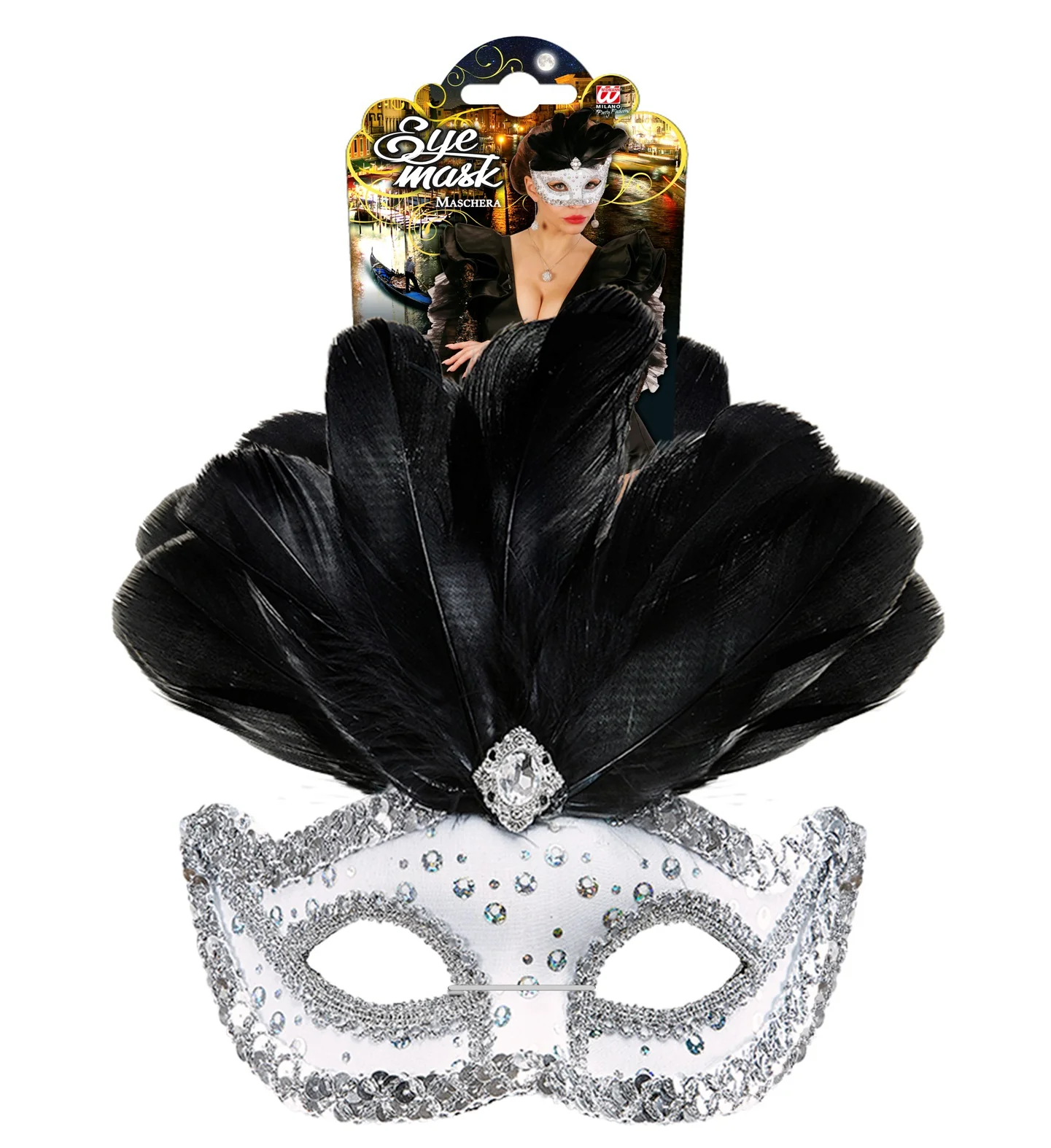 Zilveren oogmasker met zwarte veren - Image 5