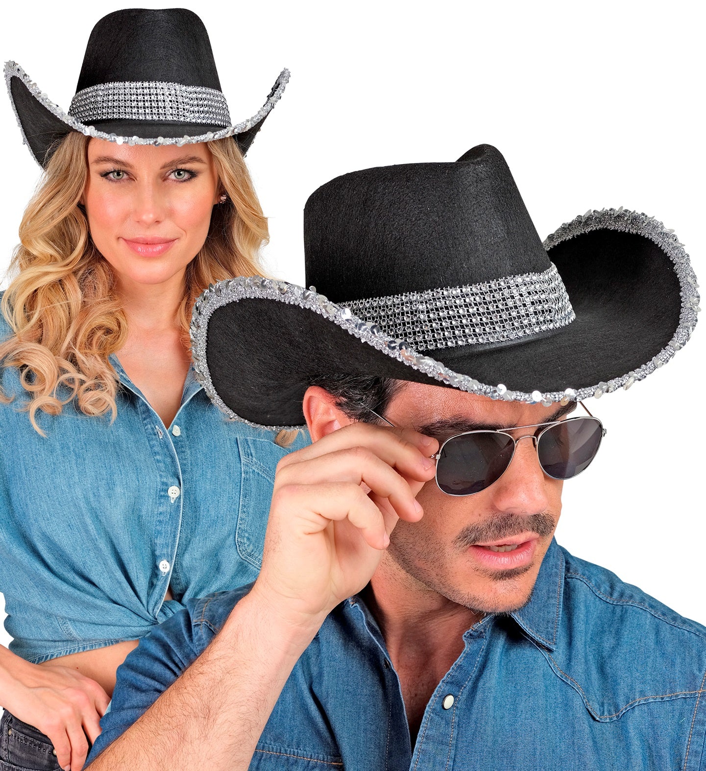 Cowboyhoed zwart bling met steentjes - Image 3