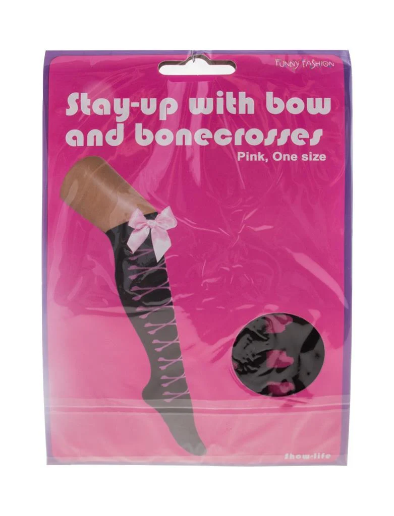 Zwarte kniekous met roze botjes en roze strik - Image 2